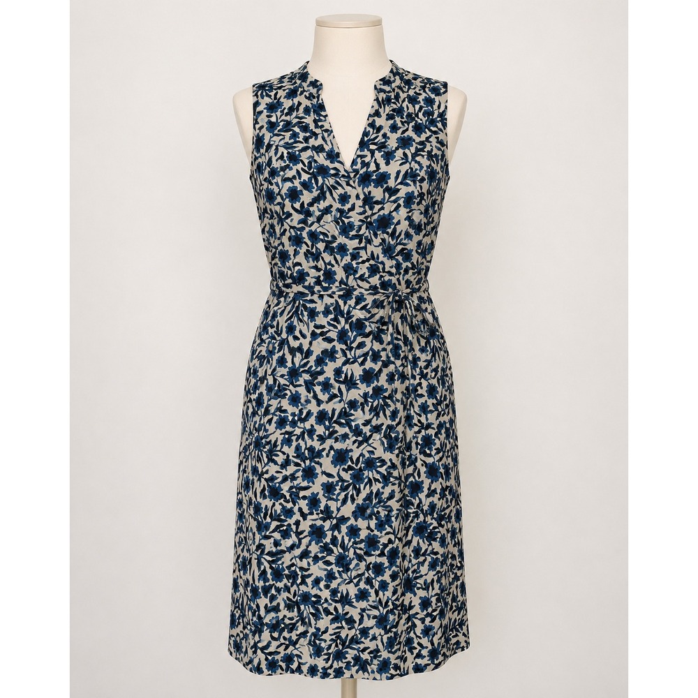 LOFT Dress Size XS Womens XS Blue Cream Floral Faux Wrap Sleeveless Tie